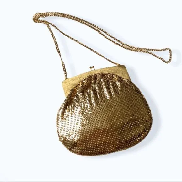 Whiting & Davis Bag 70s Gold Mesh Kiss Snap Evening Bag Crossbody Strap Purse - Picture 8 of 13
